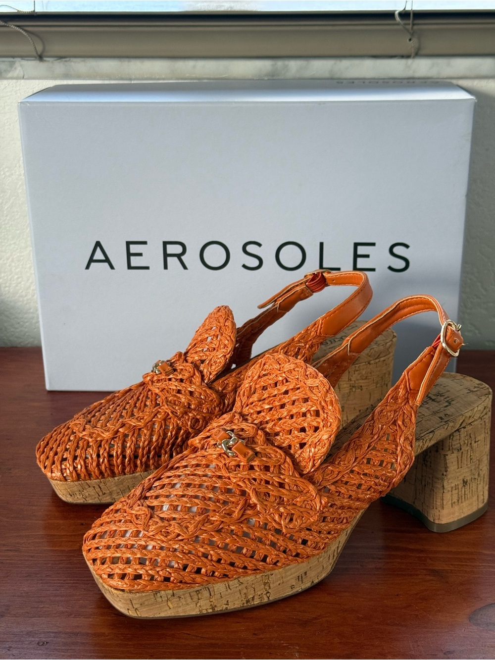 AEROSOLES Orange Woven Slingback Cork Block Heels